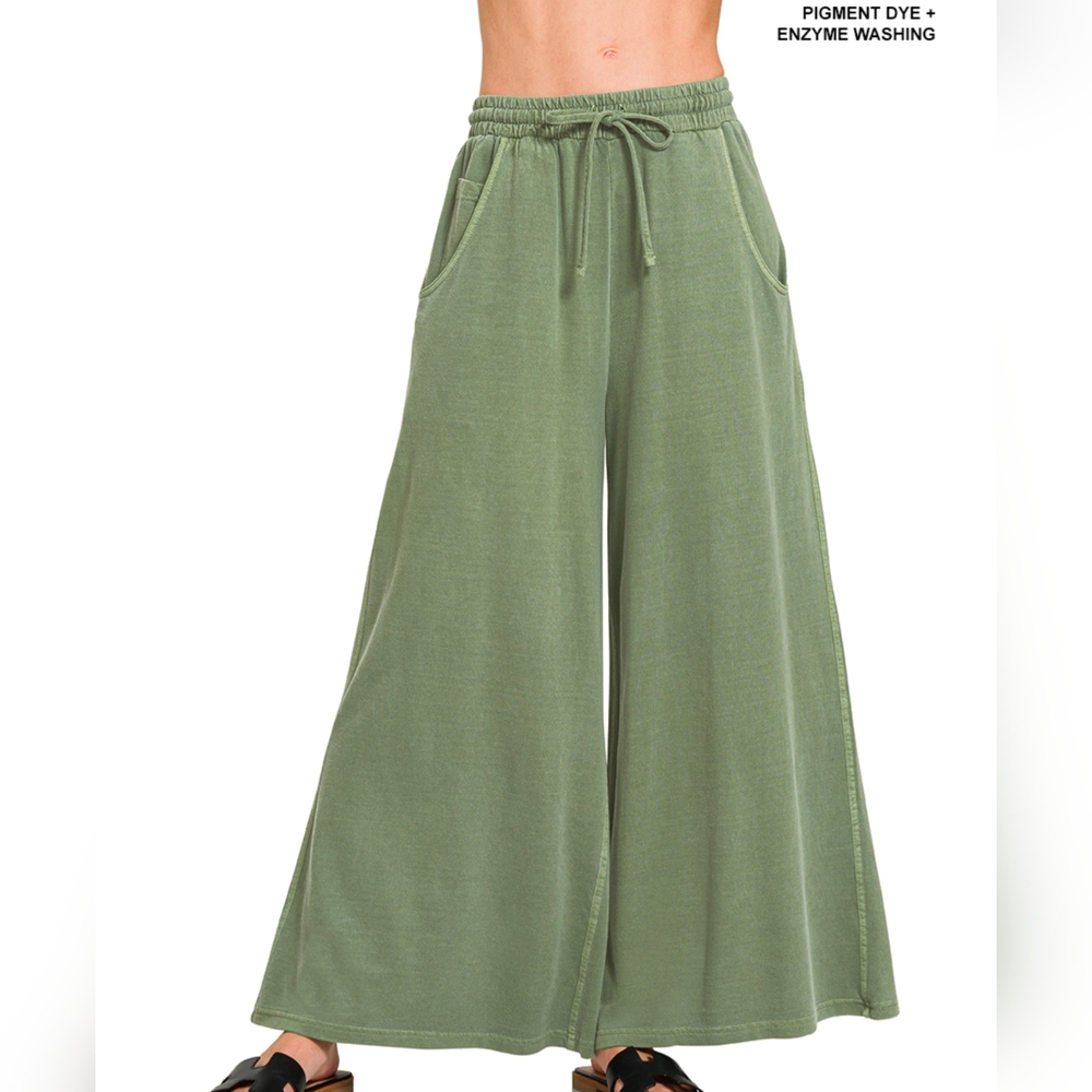 Zenana French Terry Pigment Dyed and Enzyme Washed Pants, Light Olive